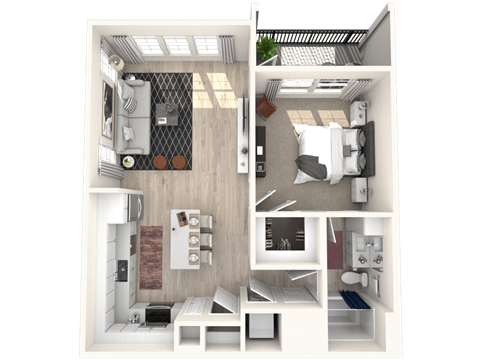 Floor plan for 1 bed, 1 bath, 767 sqft